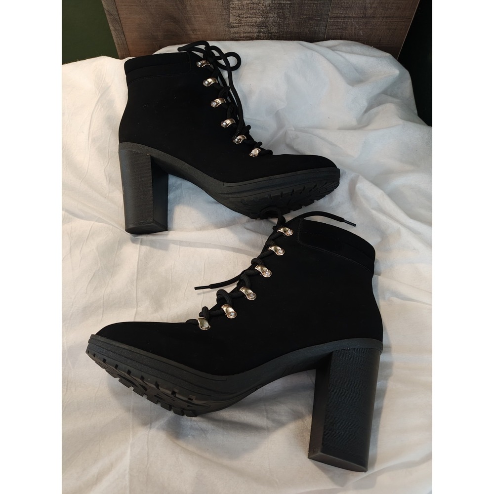Goth Steampunk Black Faux Suede Y2K Chunky Platform Heels Boots Gold Accents 9.5 - Picture 3 of 6